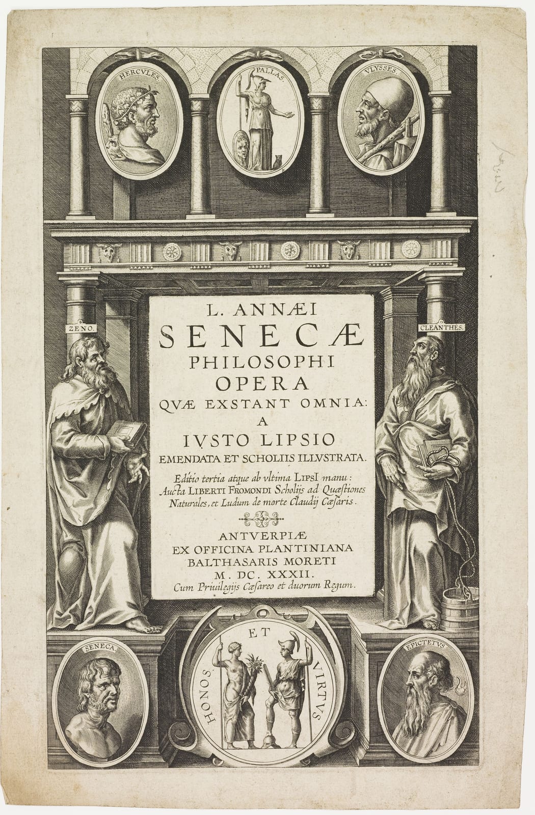 Portrait or photograph of Zeno of Citium: Title L. Annaei Senecae Philosophi Opera Contributor Hercules (Greek mythological figure) (depicted) Athena (Greek god