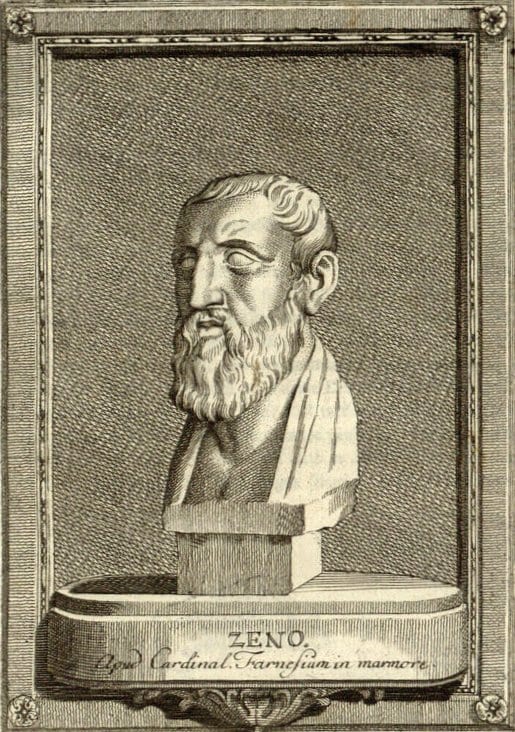 Portrait or photograph of Zeno of Citium: Zeno of Citium. Originally from the book Gallerie der alten Griechen und Römer sammt einer kurzen Geschichte ihres Leb