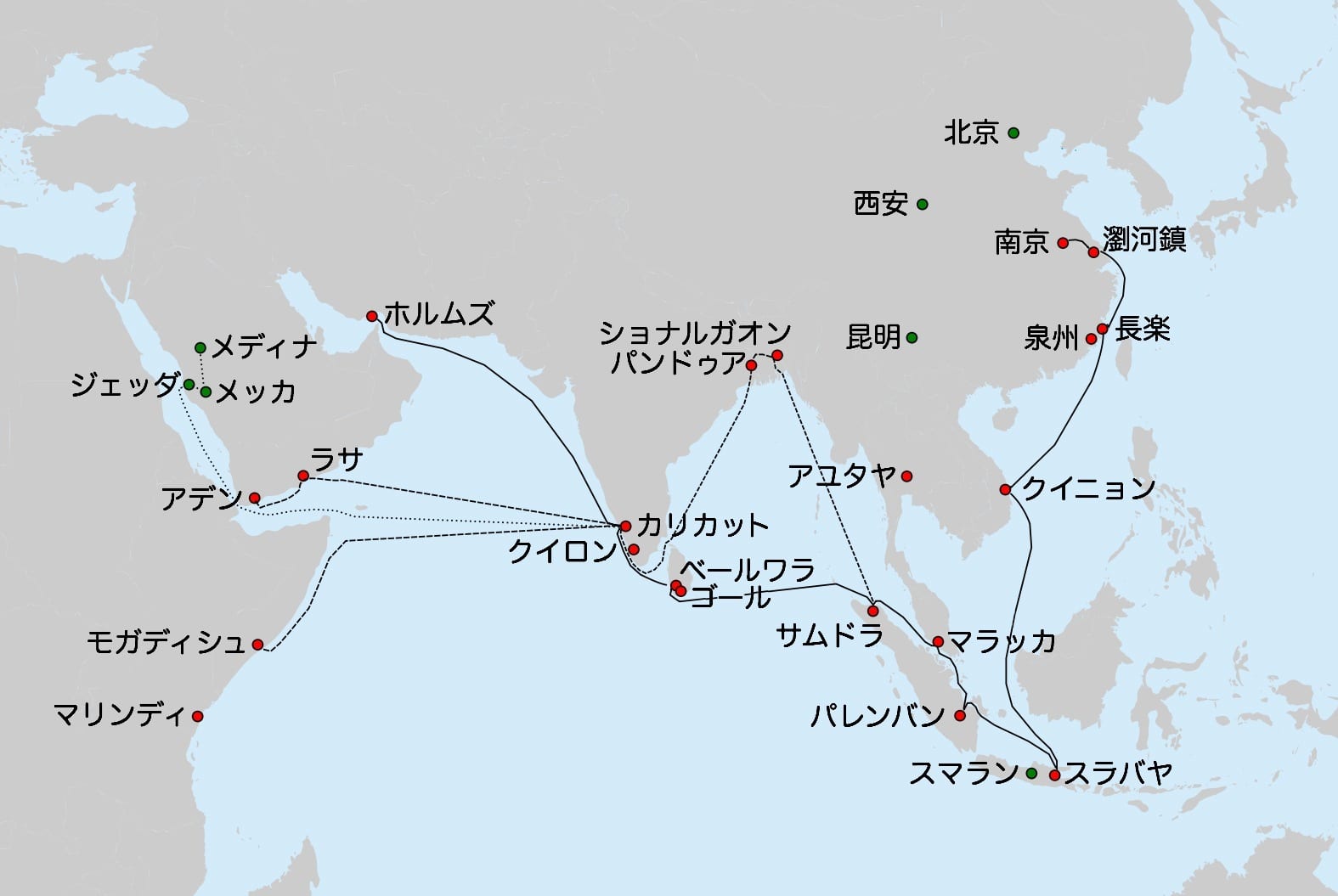 Portrait or photograph of Zheng He: Route of the 7th expedition of Zheng He's fleet (1431-1433). Solid line: the route of the main fleet from Nanjing to Hormuz,