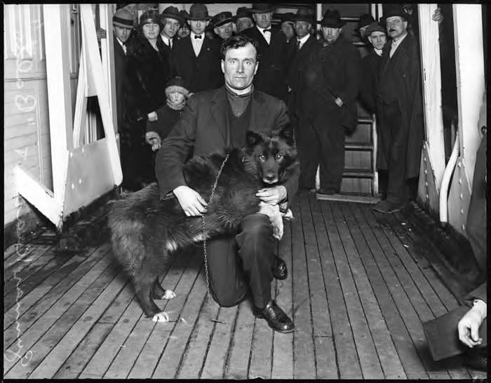 Photograph or image of Balto: Gunnar Kaasen and the sled dog Balto, made famous by the heroic diphtheria serum run in Nome, Alaska, arrived via the steamship Al