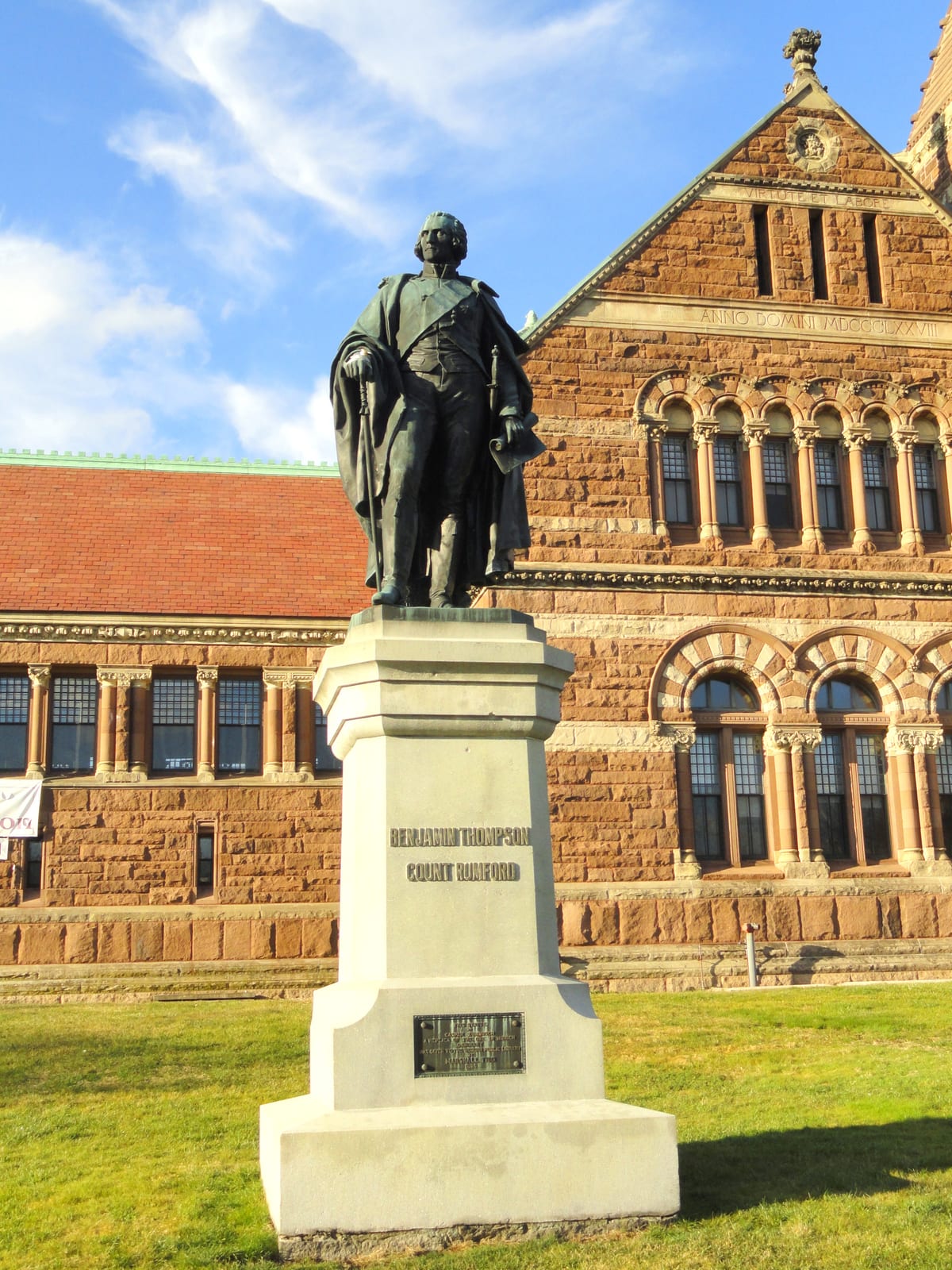 Photograph or image of Benjamin: Statue of Benjamin Thompson (Count Rumford) by Caspar von Zumbusch, in front of Winn Memorial Library, Woburn, Massachusetts, U