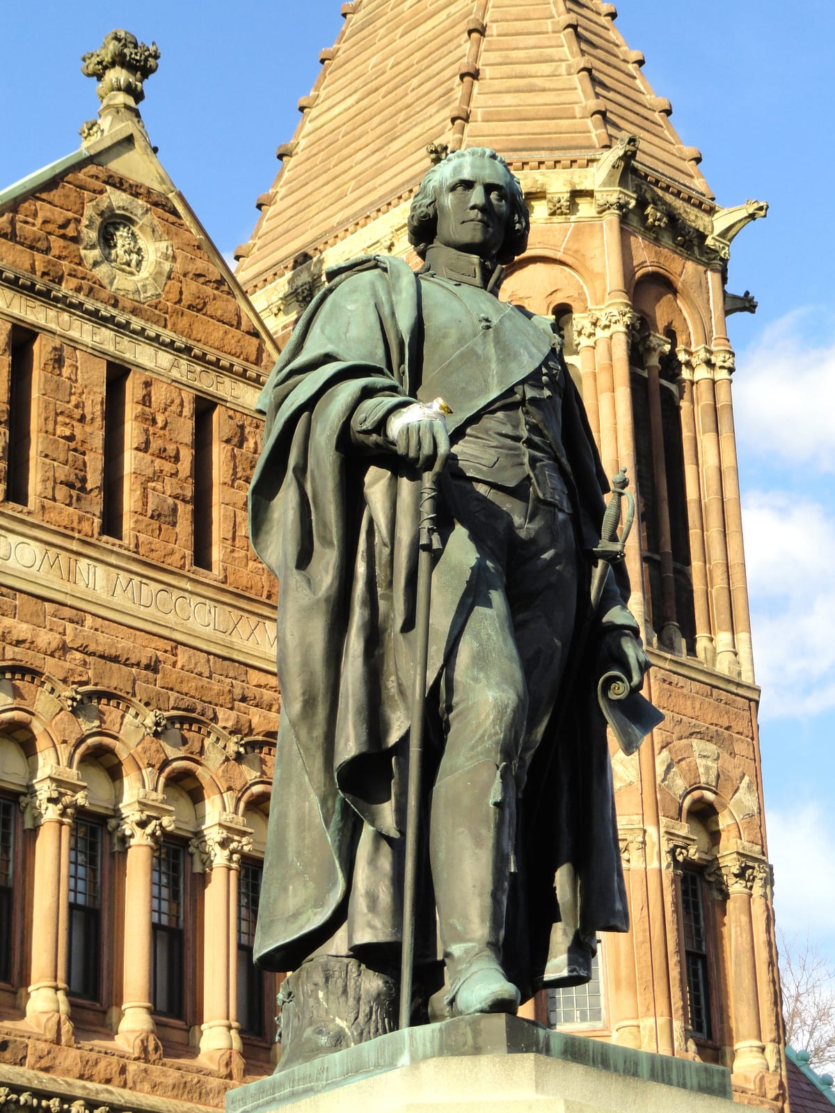 Photograph or image of Benjamin: Statue of Benjamin Thompson (Count Rumford) by Caspar von Zumbusch, in front of Winn Memorial Library, Woburn, Massachusetts, U