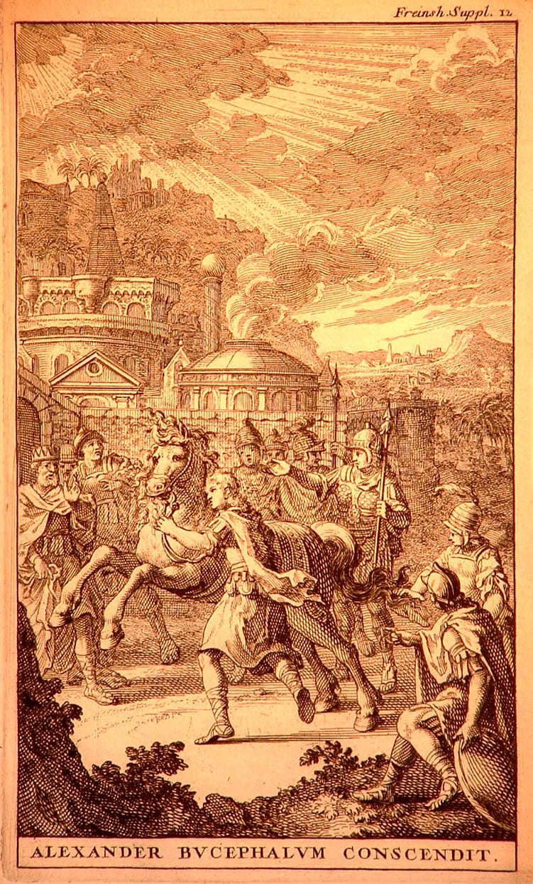 Photograph or image of Bucephalus: Alexander mounts Bucephalus - for the first time, after having turned the horse into the sun, because he was shying from his