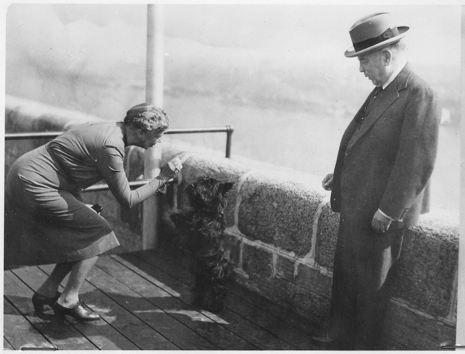Photograph or image of Fala: Eleanor Roosevelt, Fala, and MacKenzie King at Quebec, Canada for conference - NARA - 196995
