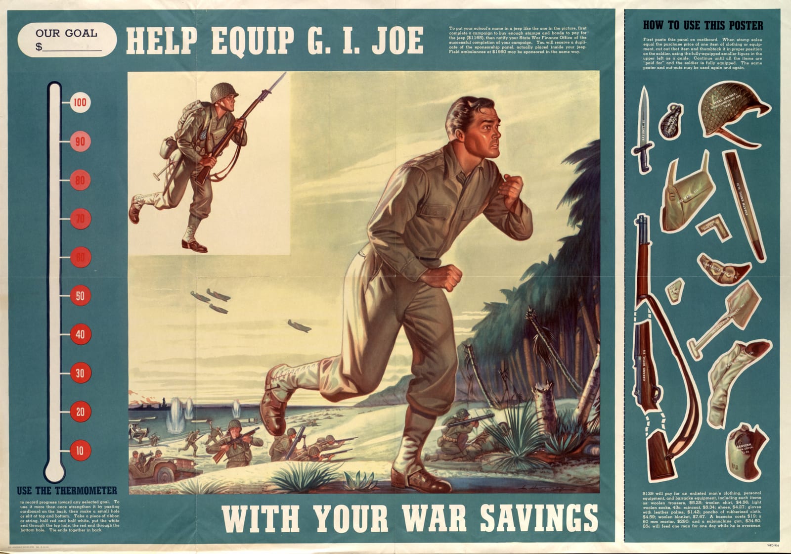 Photograph or image of G.I. Joe: An unarmed soldier runs in battle on a Pacific Island beach, while cutouts of the rifle and equipment he requires frame the bor