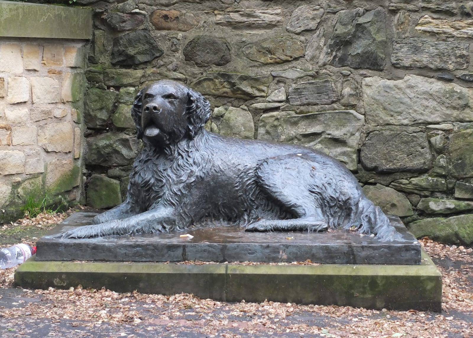 Photograph or image of Greyfriars Bobby: Bronze statue of a dog named Bum, a St Bernard-spaniel mix, lying down with his head up and his tongue out. His right f