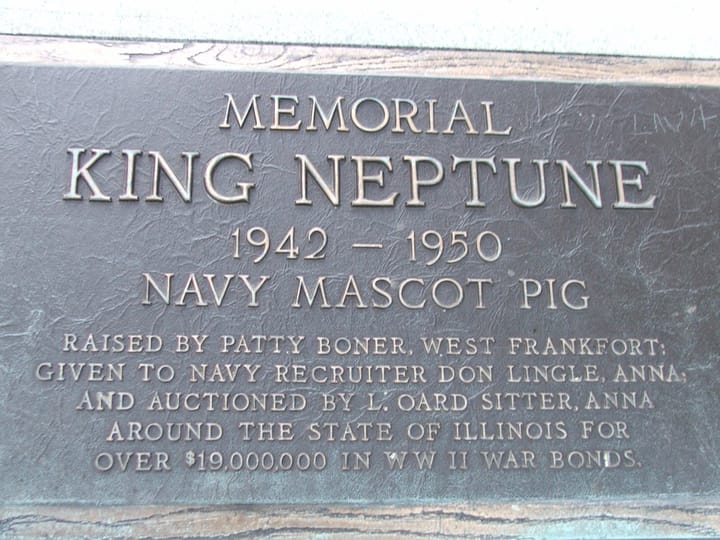 Photograph or image of King Neptune: Memorial dedicated to pig)|King Neptune at a rest stop in Mount Pleasant, Illinois. Photo taken on June 18, 2005. KING NEPT