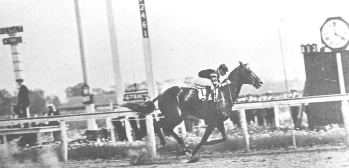 Photograph or image of Man o' War: Man o War - Stuyvesent Handicap June 22, 1920, original photographer: CC Cook Photo taken by CC Cook (Charles Christian Cook)