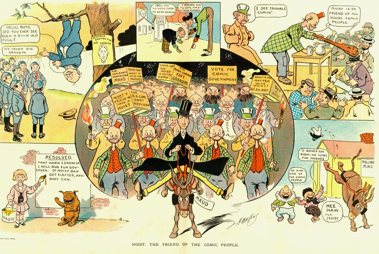 Photograph or image of Maud: Political cartoon, Hoist, the friend of the Comic People . by Louis M. Glackens for Puck magazine, October 31, 1906. The characters