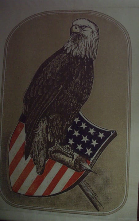 Photograph or image of Old Abe: The Civil War Eagle Mascot of the 8th Wisconsin Regiment. This banner is an enlargement of a business card size photo of "Old Ab