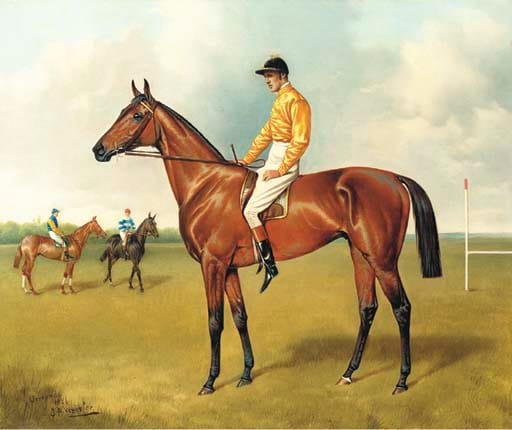 Photograph or image of Ormonde: イギリスの競走馬オーモンドの肖像画。騎乗しているのはフレッド・アーチャー。
