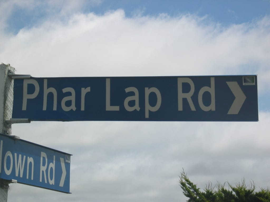 Photograph or image of Phar Lap: Phar Lap Road; sign in Timaru, New Zealand