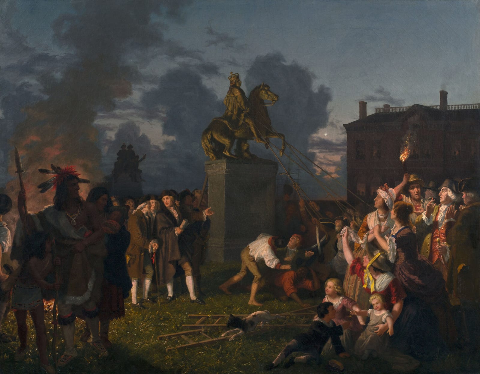 Memorial or place connected to Simon: Pulling Down the Statue of King George III, N.Y.C. Working decades after the event, the artist depicts an imagined, romant