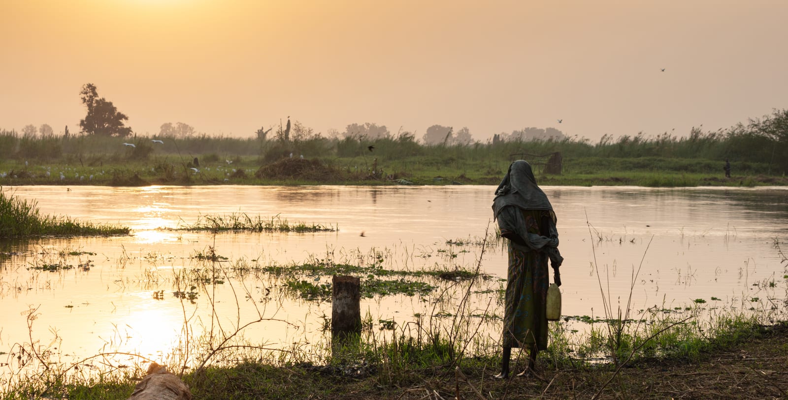 Photograph or image of Sudan: Mundari woman observing the White Nile after sunrise, Terekeka, South Sudan .