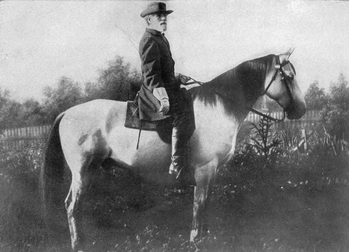 Photograph or image of Traveller: General Robert E. Lee mounted on Traveller , his famous "war horse", monochrome photograph by Michael Miley, 1866